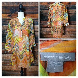 Peppermint Bay Tunic Top L Lightweight Cotton Rayon Blend 3/4 Sleeve Sheer Cover